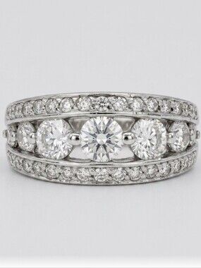 Three-Stone Pavé Faux Diamond Band Ring in Silver Tone-Signed
